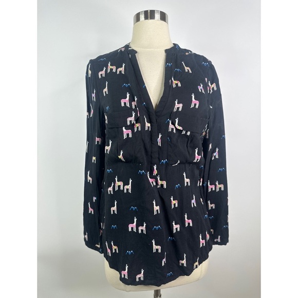 Anthropologie Maeve Llama Print V-Neck Button Down Shirt - Picture 1 of 13